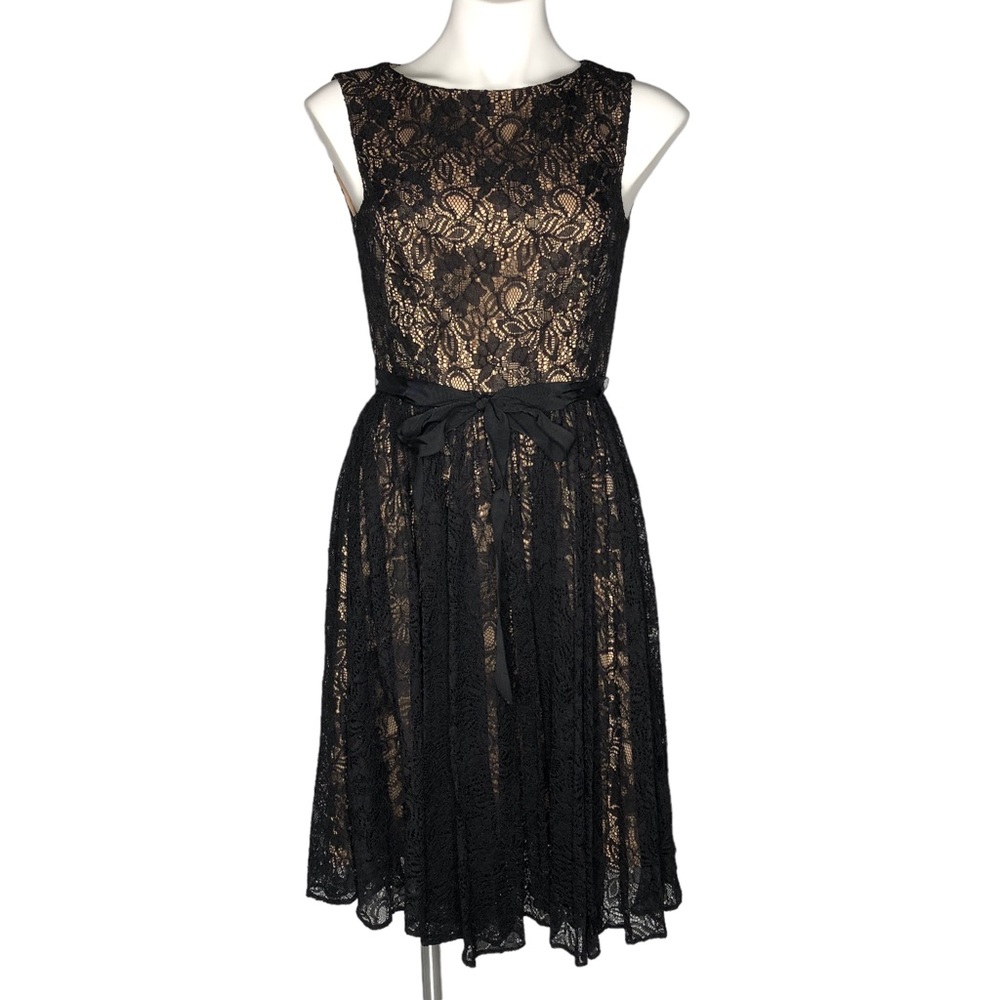 Adrianna Papell Sleeveless Black Lace Overlay Full Skirt Cocktail Dress